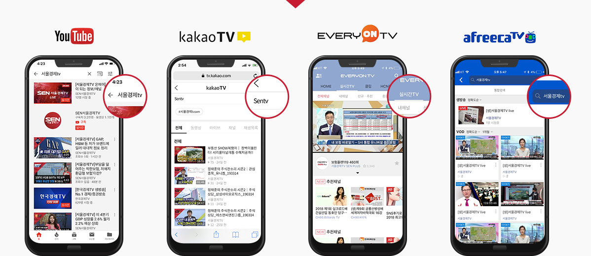 유튜브, 에브리온TV, 아프리카TV 각각의 앱에서 서울경제tv를 검색하는 이미지